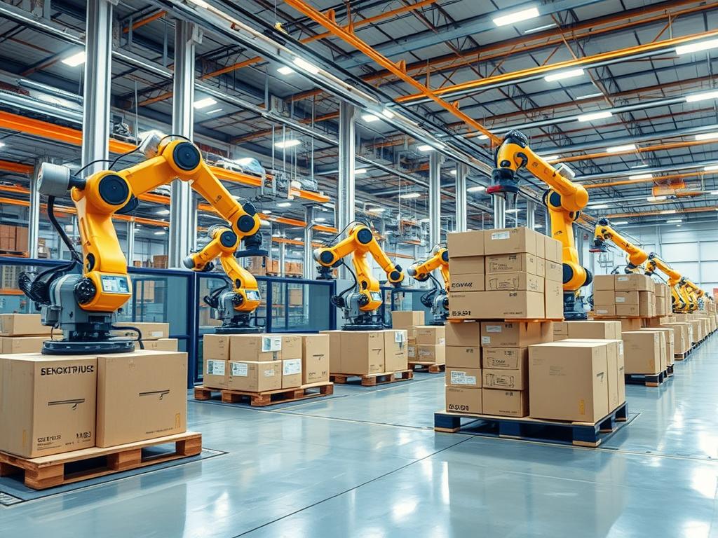 Industrial robotic palletizers in action Industrial robotic palletizers in action