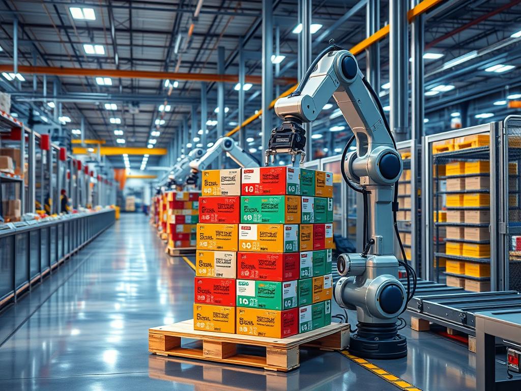 Robotic case palletizer in consumer goods manufacturing Robotic case palletizer in consumer goods manufacturing